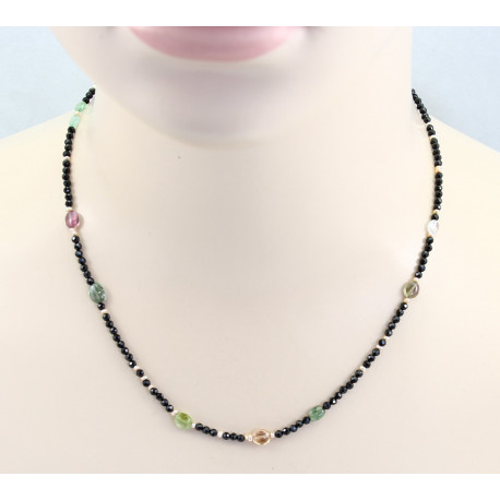 Spinell-Kette schwarz mit Turmalinen und Perlen 47 cm lang-Edelsteinketten