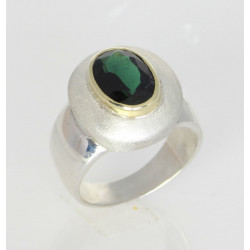 Silber-Ring mit grünem Turmalin Edelstein mit 585er Goldfassung Gr. 56