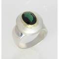 Silber-Ring mit grünem Turmalin Edelstein mit 585er Goldfassung Gr. 56-Silberringe