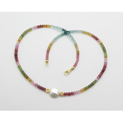 Edelsteinkette Turmalin leuchtend in allen Farben mit großer Perle