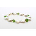 Perlenarmband weoße Süßwasser-perlen mit Nephrit-Jade 23 cm lang-Perlen-Armbänder