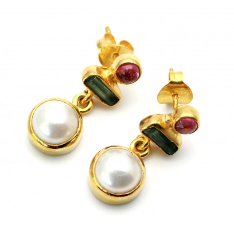 Edelstein-Ohrringe mit Perle und Turmalin in Rosa & Grün-Edelstein-Ohrringe