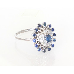 Blauer Saphir-Ring mit Brillanten Antik in 14kt Weißgold Ringgröße 63