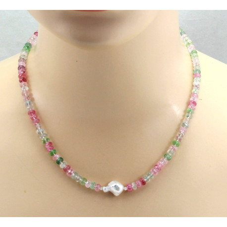 Turmalin Edelsteinkette rosa hellgrün facettiert mit Perle 48 cm-Edelsteinketten