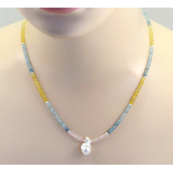 Beryll Edelsteinkette facettiert mit weißer Perle 47 cm lang