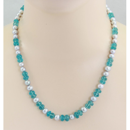 Apatitkette mit Perle - facettierte türkisblaue Apatite mit Perlen 51 cm lang